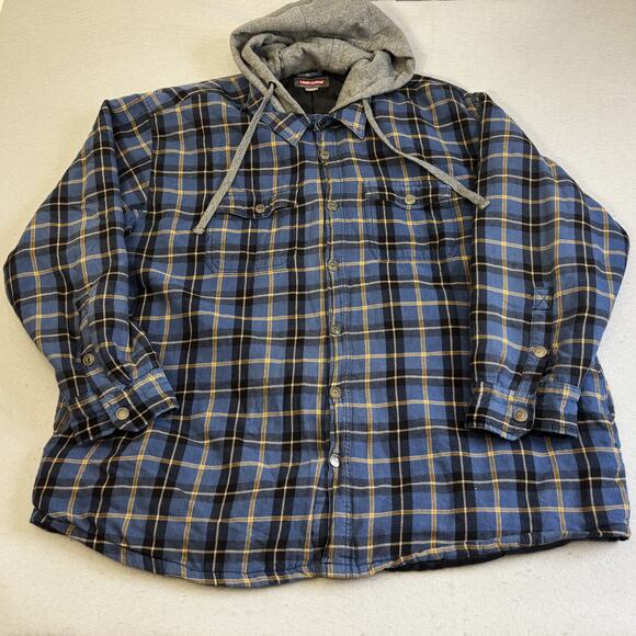 Craftsman Tools Plaid Flannel Hoodie Mens XXL Blue Sweatshirt Workwear Button Up - Picture 1 of 9